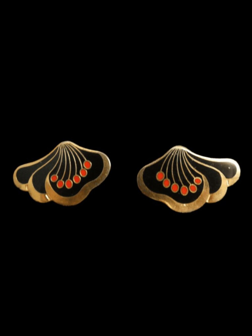 Vintage Laurel Burch Le Fleur Black Red Enamel Fan Post Earrings 1980s Cloisonné